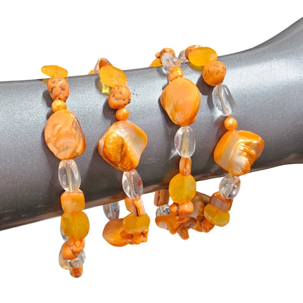 Beaded Stretch Bracelet Set Women OS‎ Orange Shell Boho Coastal 3pc